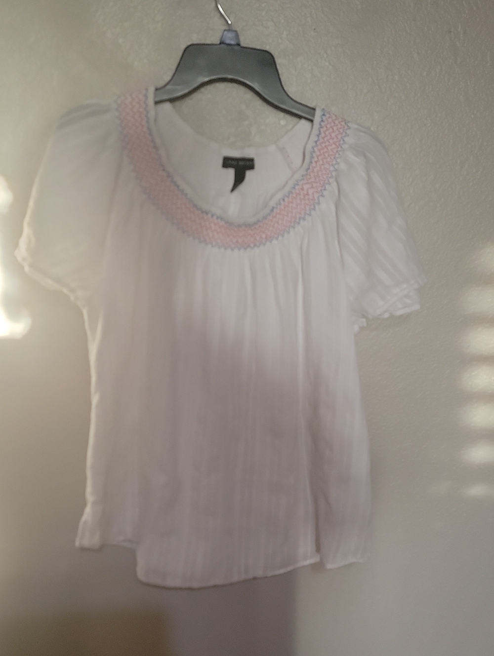 Lane Bryant White Short Sleeve Blouse with Pink & Blue Smocked Neckline